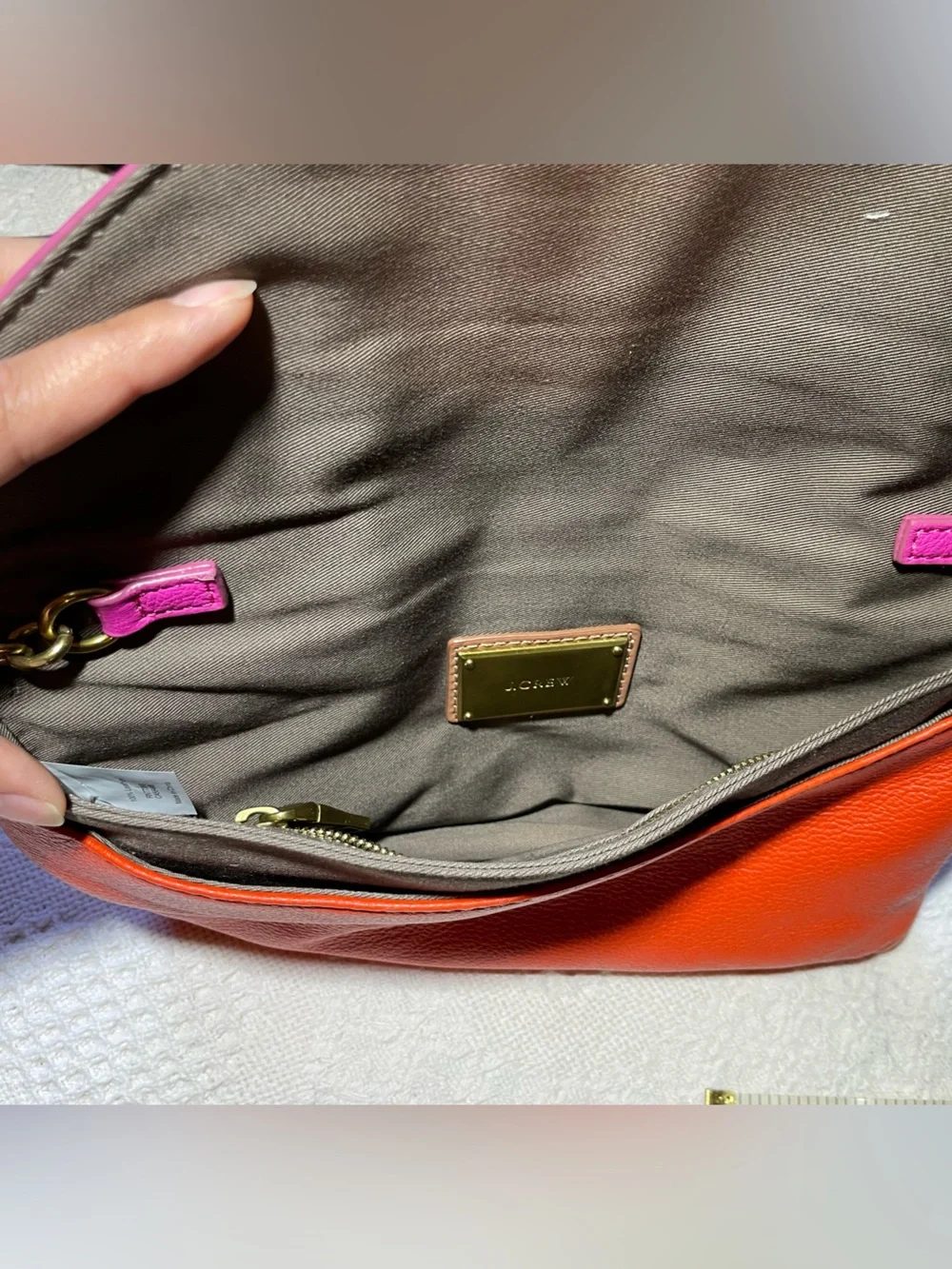 J.Crew Invitation Clutch – Colorblock Leather Orange & Fuchsia Pink